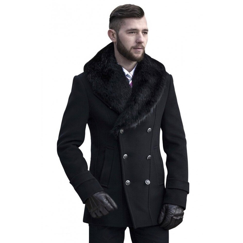 Black men's coat with fur collar B135
